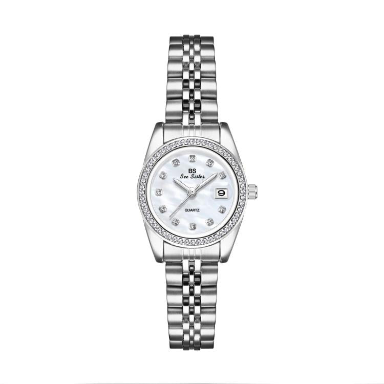 Silver-tone analog wristwatch with white dial, rhinestone bezel, and metal link bracelet