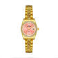 Gold-tone analog wristwatch with pink dial, rhinestone bezel, and metal link bracelet