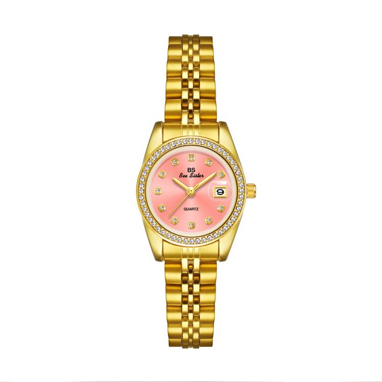 Gold-tone analog wristwatch with pink dial, rhinestone bezel, and metal link bracelet