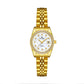 Gold-tone analog wristwatch with white dial, rhinestone bezel, and metal link bracelet