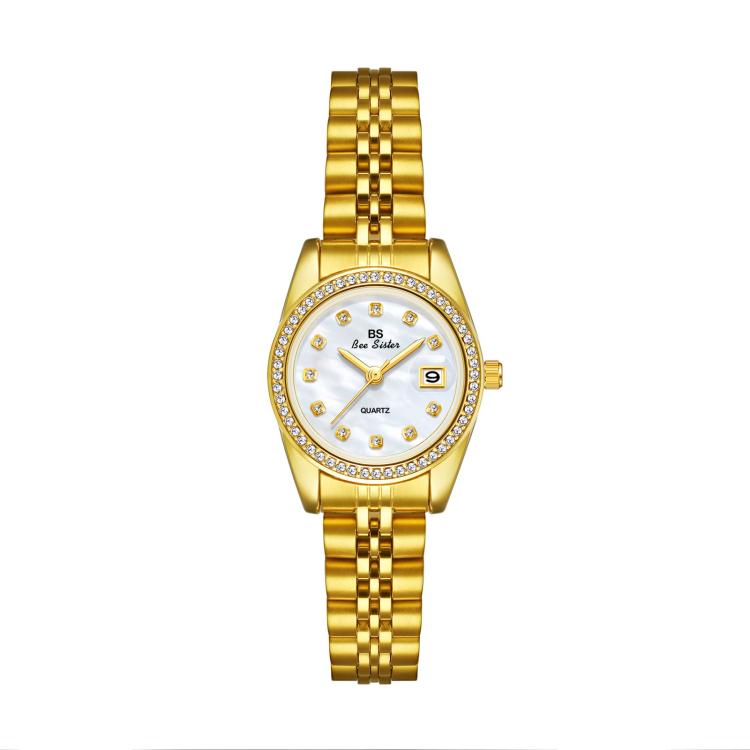 Gold-tone analog wristwatch with white dial, rhinestone bezel, and metal link bracelet