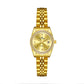 Gold-tone analog wristwatch with champagne dial, rhinestone bezel, and metal link bracelet