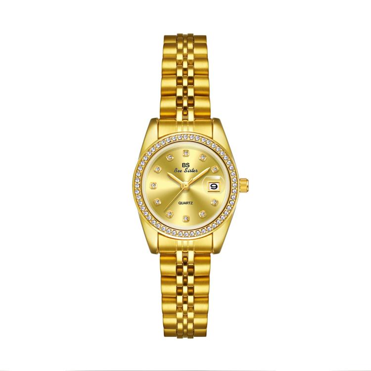 Gold-tone analog wristwatch with champagne dial, rhinestone bezel, and metal link bracelet