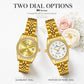 Two women’s analog wristwatches with gold-tone link bands and jeweled bezel dials