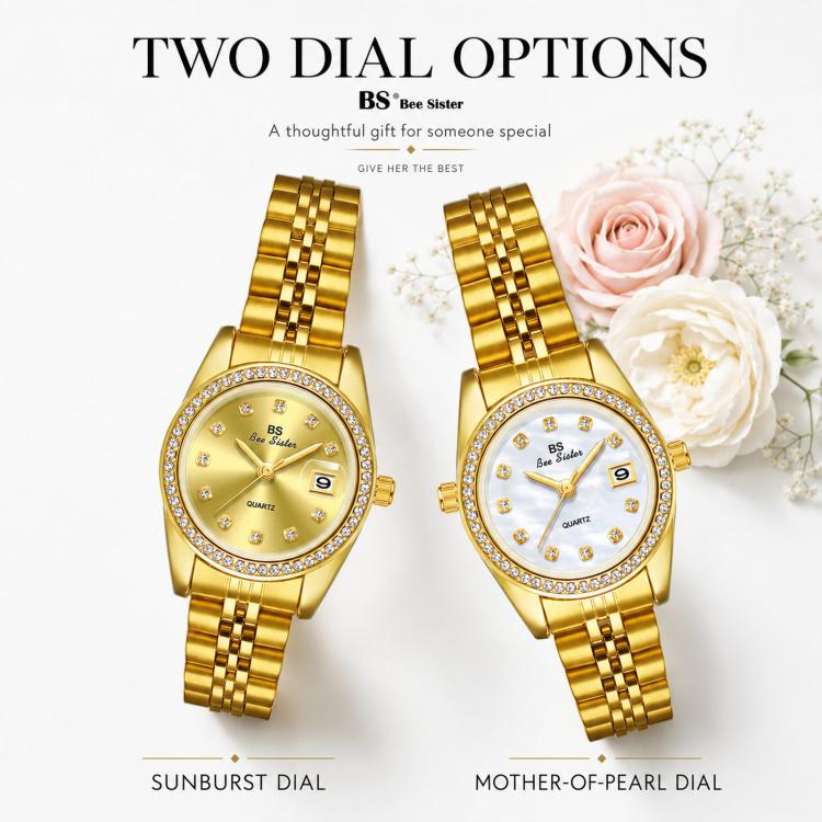 Two women’s analog wristwatches with gold-tone link bands and jeweled bezel dials