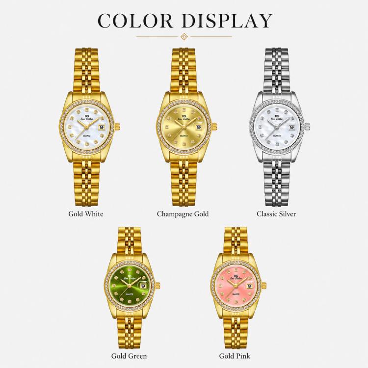 Color display of women’s analog wristwatches with jeweled bezels and metal link bands