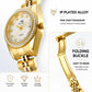 Gold-tone analog wristwatch close-up with rhinestone bezel and folding clasp