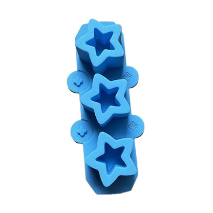Blue silicone squishy mold bar with three star cavities and small flower accents