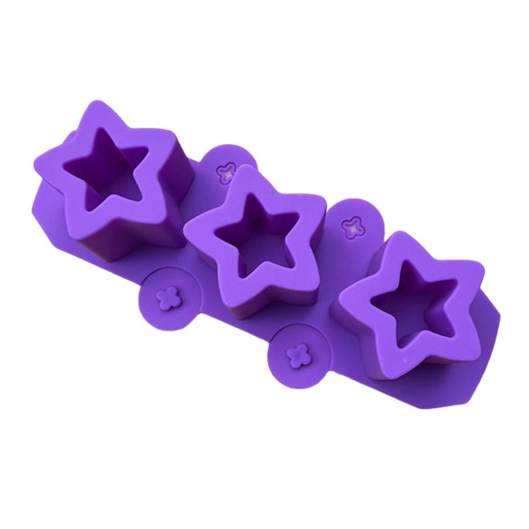 Purple silicone squishy mold bar with three star cavities and small flower accents