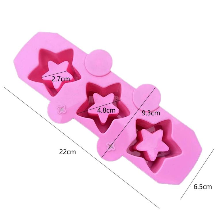 Pink 3-cavity silicone star mold bar with size labels: 22cm, 6.5cm, 9.3cm, 4.8cm, 2.7cm
