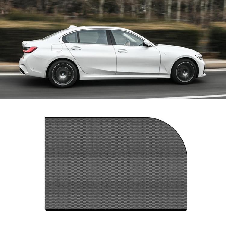 Car window mesh sunshade curtain panel, dark gray, rounded rectangular shape with straight bottom