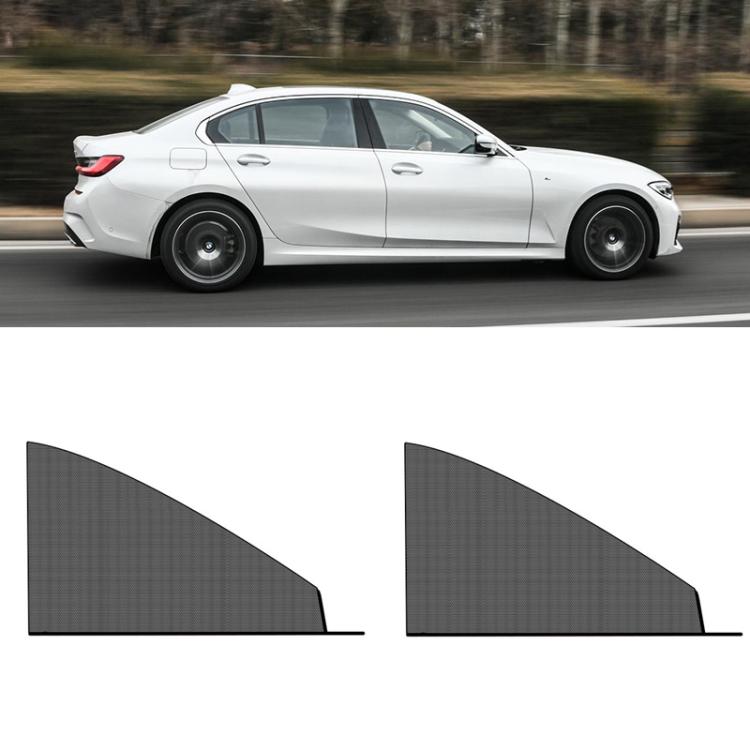 Car window mesh sunshade curtain set, dark gray, two curved trapezoid panels with straight bottoms