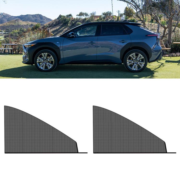Car window mesh sunshade curtain set, dark gray, two curved trapezoid panels with straight bottoms