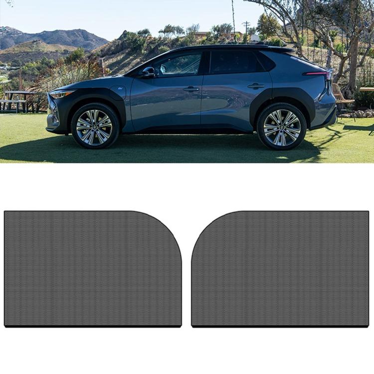 Car window mesh sunshade curtain set, dark gray, two rounded rectangular panels with straight bottoms