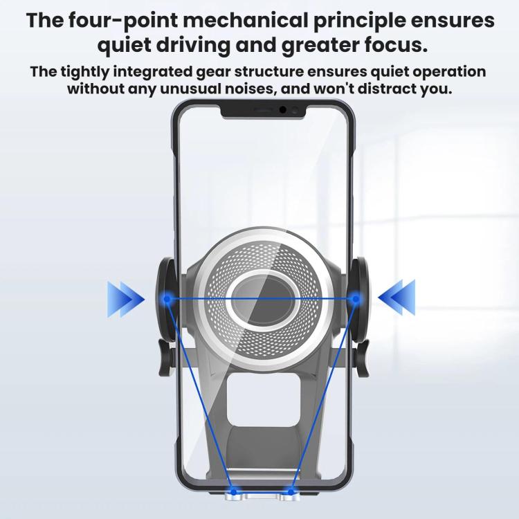 Car phone holder with central circular clamp and pivot arms for stability