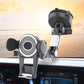 Rotating suction car phone holder mounted on dashboard with cradle and parking plate