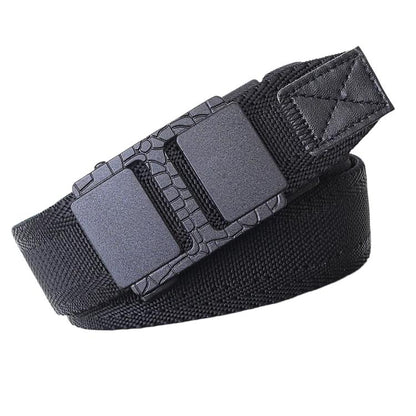 Black woven nylon stretch belt with automatic sliding buckle and stitched strap end