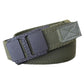 Army green woven nylon stretch belt with automatic sliding buckle and stitched end