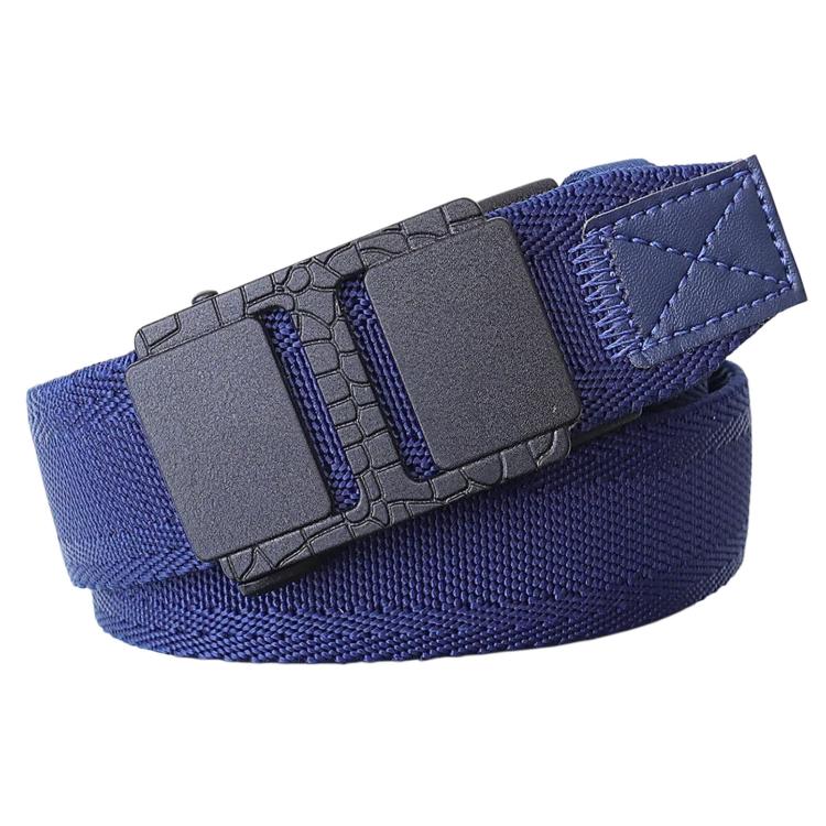 Navy blue woven nylon stretch belt with automatic sliding buckle and light stitching