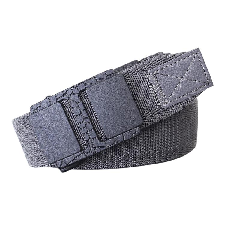 Dark gray woven nylon stretch belt with automatic sliding buckle and stitched end