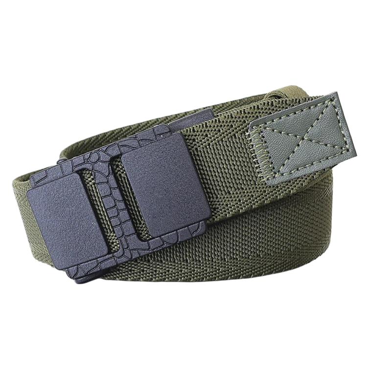 Army green woven nylon belt with rectangular automatic sliding buckle and reinforced tip