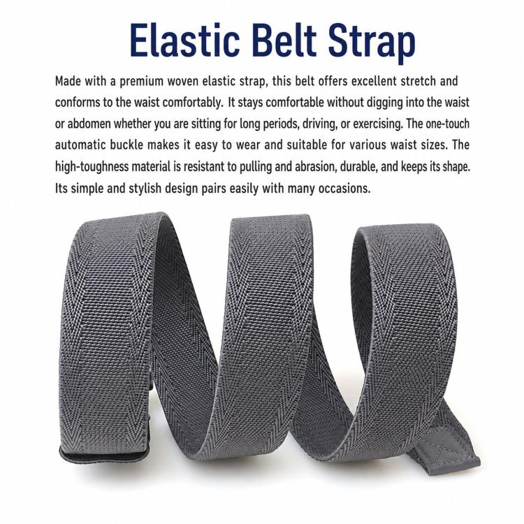Gray elastic belt strap with textured woven webbing and sliding buckle end