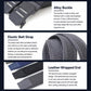 Gray elastic belt showing sliding buckle and leather-wrapped end detail