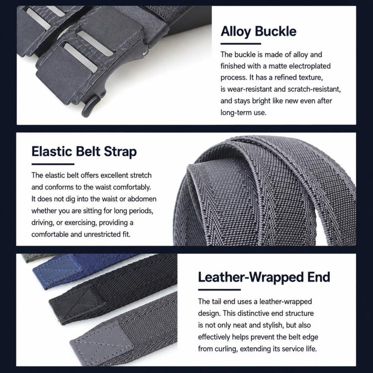 Gray elastic belt showing sliding buckle and leather-wrapped end detail