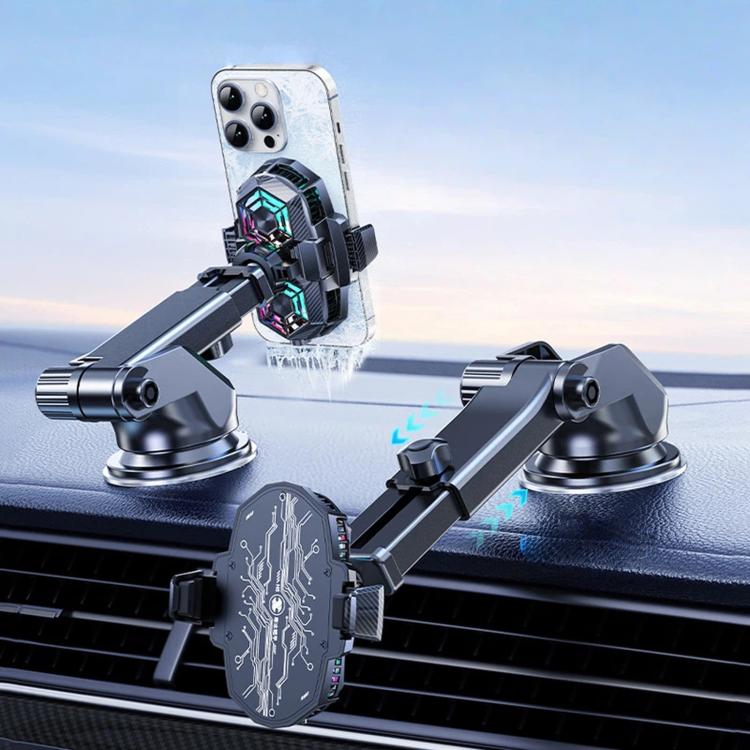 Car phone cooler mount with suction cup, telescopic arms, and RGB cooling holder