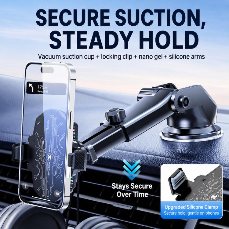 Car phone cooler mount with suction base and clamp, holding a smartphone with RGB