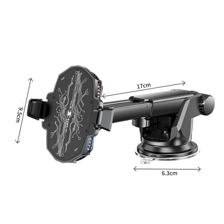 Car phone cooler mount with suction cup base, telescopic arm, and black phone holder