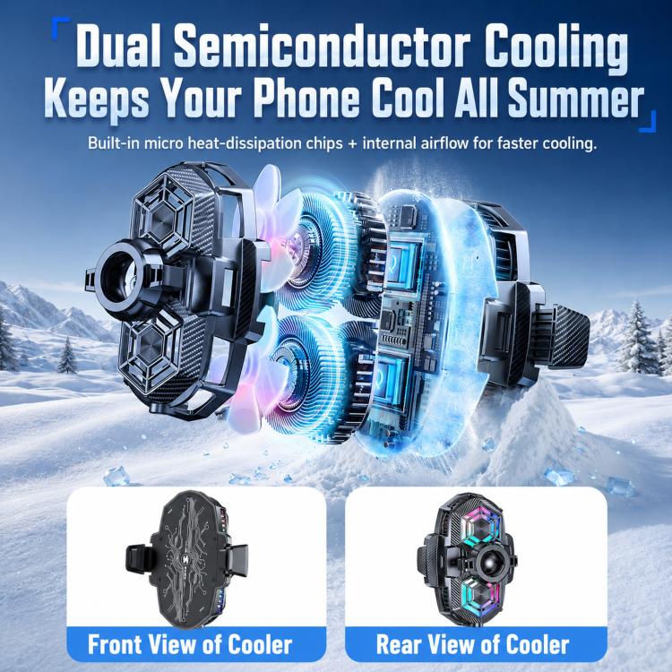 Car phone cooler mount with dual semiconductor cooling unit and RGB fan housing