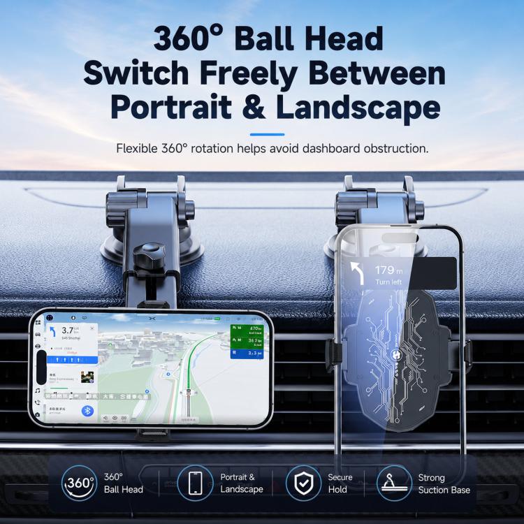 Car phone cooler mount with 360 ball head, holding smartphone on dashboard surface