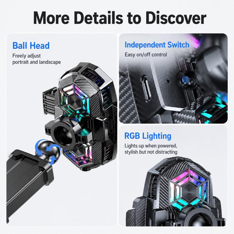 Car phone cooler mount with 360 ball head, RGB lighting, and independent control switch