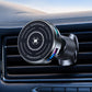 Magnetic phone cooler fan mounted on a car dashboard vent with blue indicator LEDs