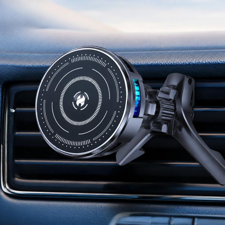 Magnetic phone cooler fan close-up on a car vent with rotating cooling ring