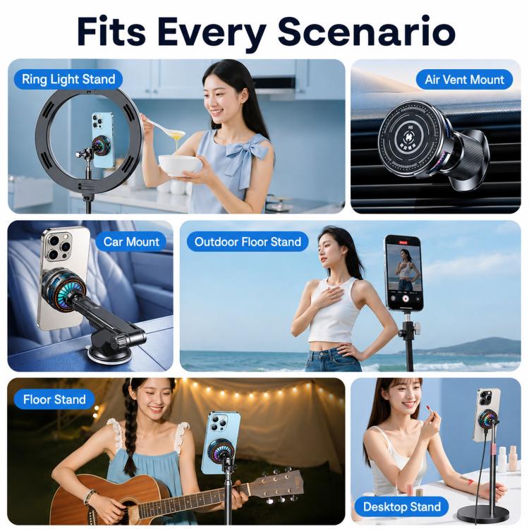Magnetic phone cooler fan with compatible car and stand mounts for different setups