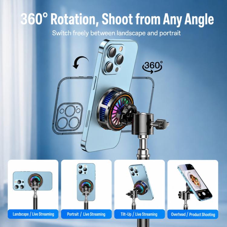 Magnetic phone cooling fan with 360° rotating mount clipped to a smartphone