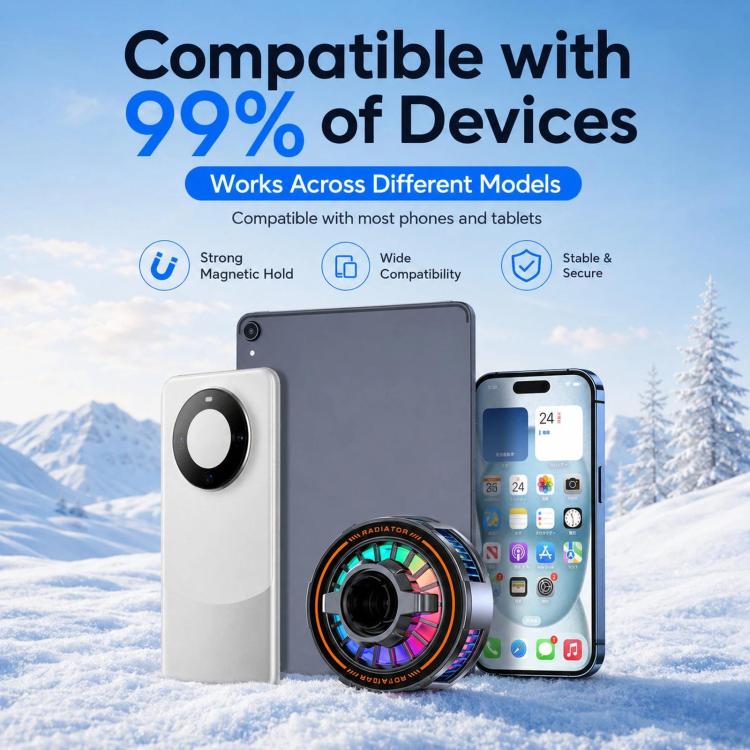 Magnetic phone cooler fan compatible with phones and tablets, shown on multiple devices
