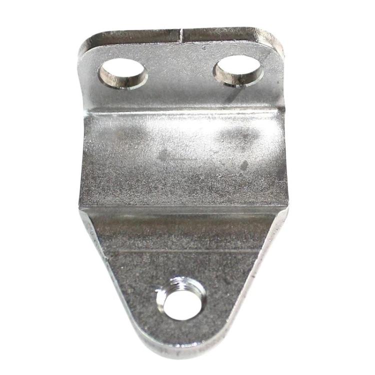 Metal outboard motor hanger bracket with two top holes and a central mounting hole