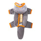 Gray dog raincoat with orange trim, frosted clear hood mesh and tail cover