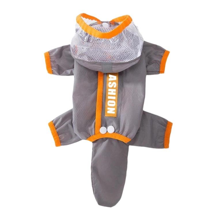 Gray dog raincoat with orange trim, frosted clear hood mesh and tail cover