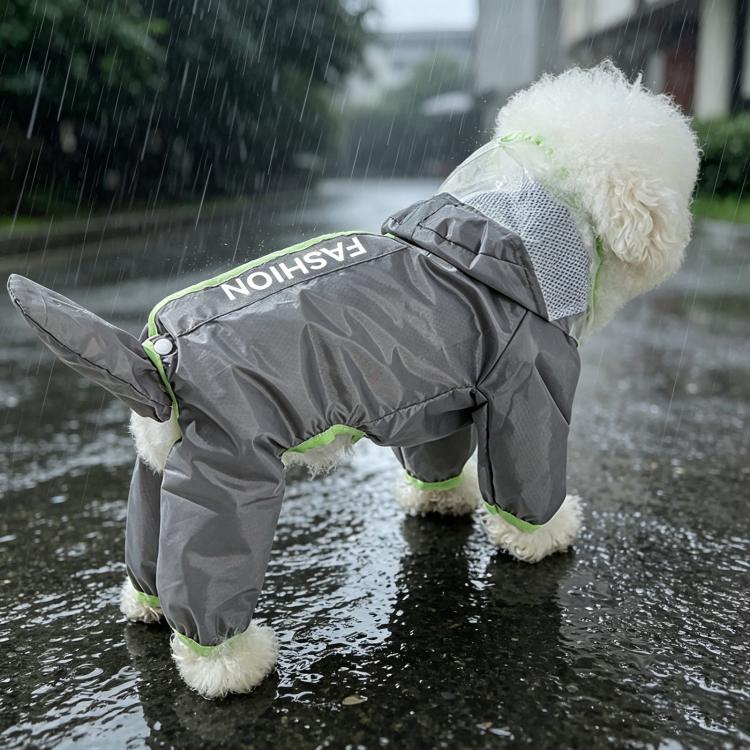Gray dog raincoat with green edging and mesh hood for dogs