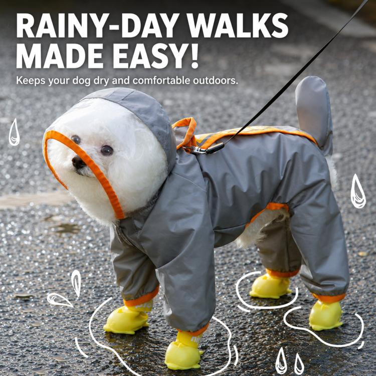 Gray dog raincoat with orange trim and clear hood visor