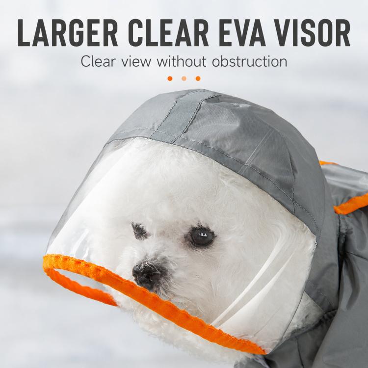 Gray dog raincoat with clear EVA face visor and orange-trim hood