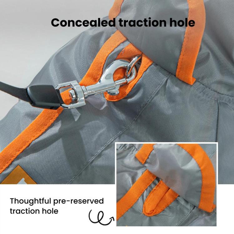 Gray raincoat with concealed traction hole and orange attachment strap