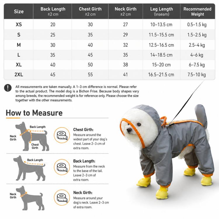 Gray dog raincoat with orange accents and leg coverage for walking