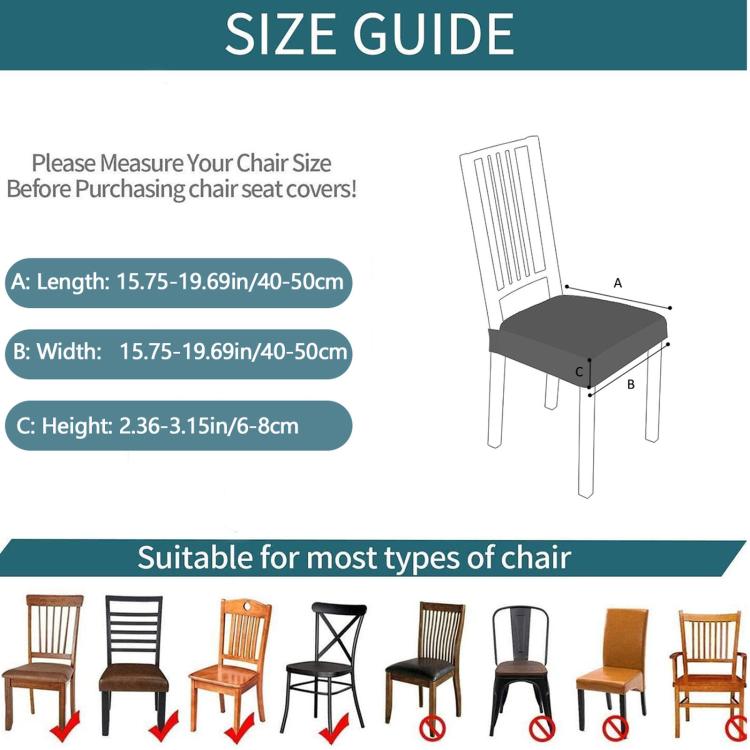 Velvet chair seat cover size guide diagram with length, width, and height