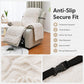 Light beige fleece recliner chair cover with wraparound fit and black adjustable buckle strap