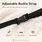 Black adjustable buckle strap on white fleece chair cover for secure fastening